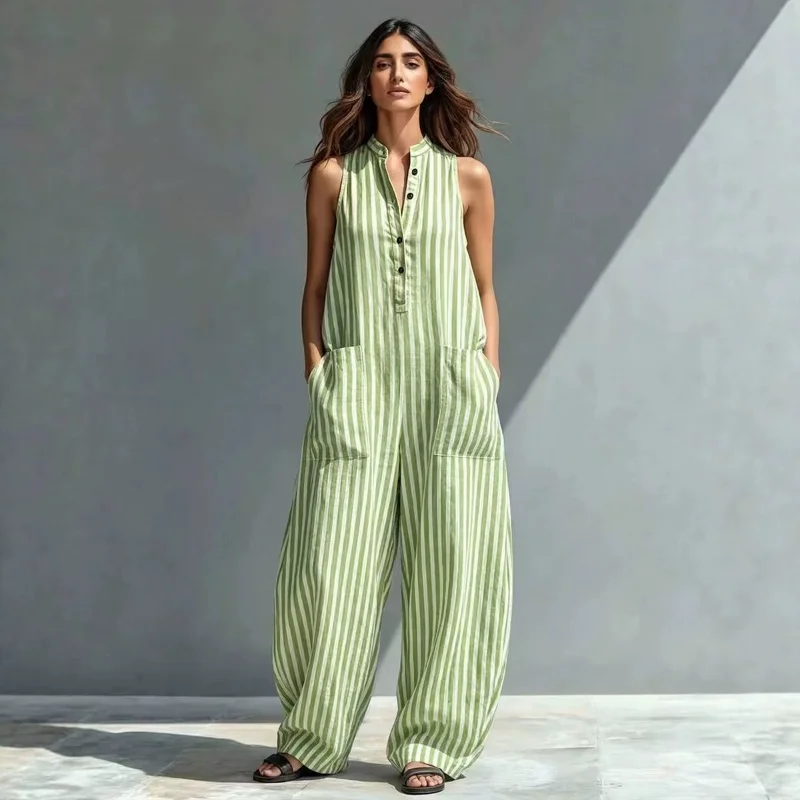 

Women Striped Sleeveless Wide Leg Jumpsuit Stand Collar Half Button Pocket Casual Summer Romper