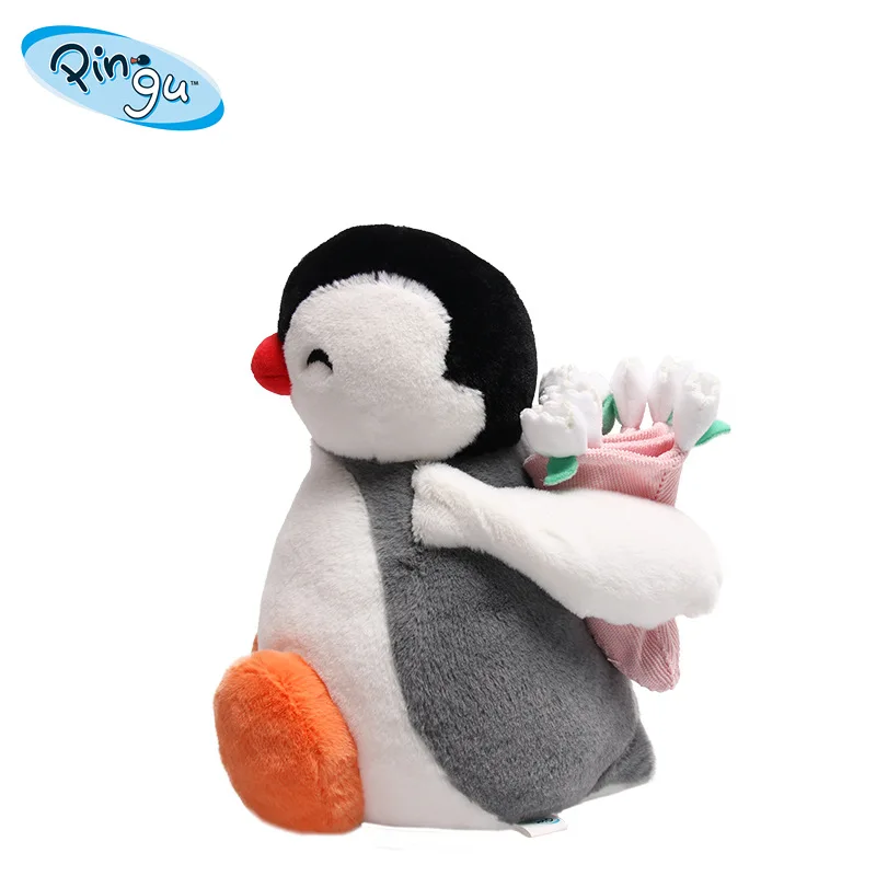 25 cm Genuino Pinguino Famiglia Ti Invia Un Bouquet Di Fiori Serie Peluche Cuscino Comfort Compagno Bambola Carina Ornamento Da Tavolo