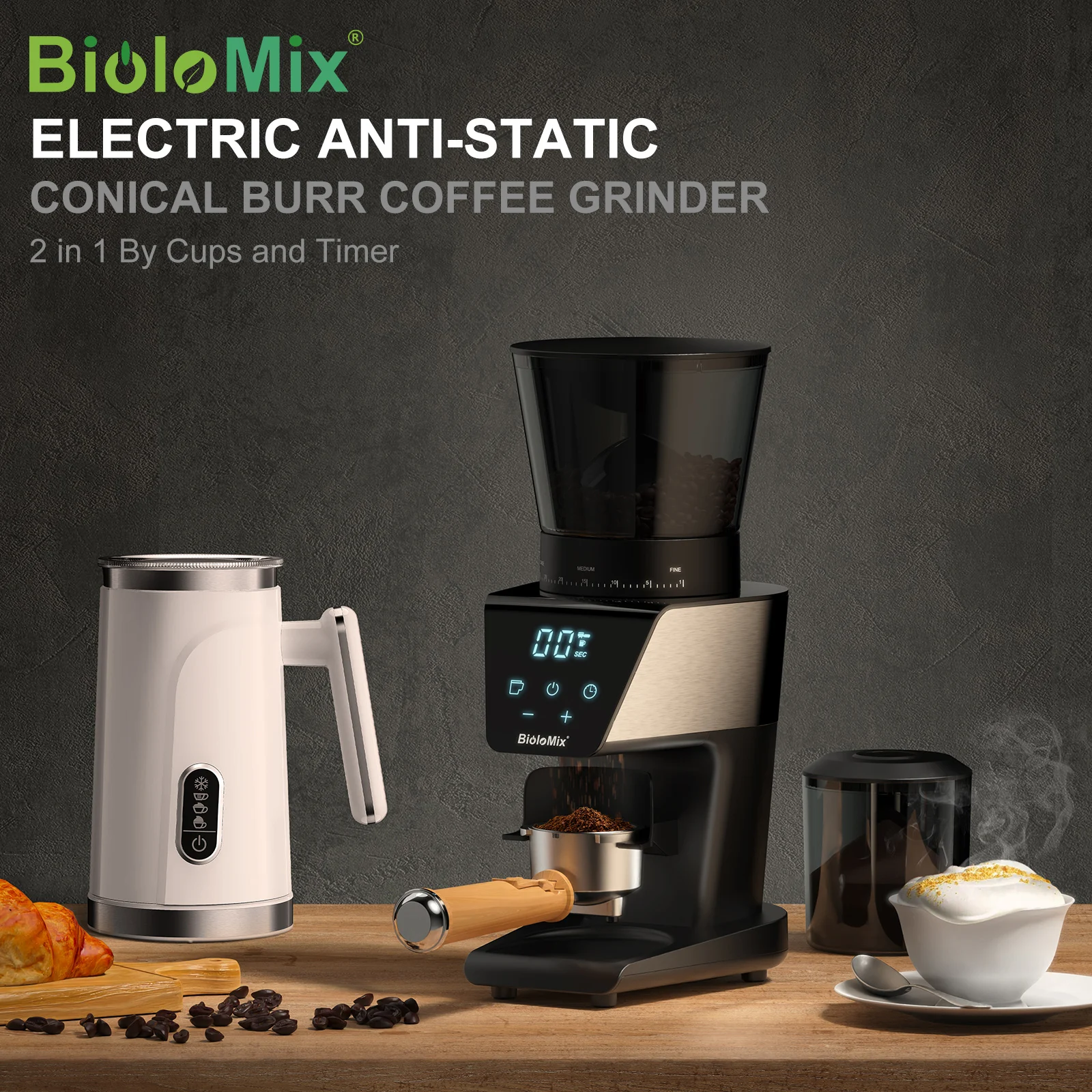 Image of Biolomix Konische Kaffeemühle mit Digitaltimer 31 Präzise Einstellungen für Espresso Filterkaffee French Press Cold Brew
