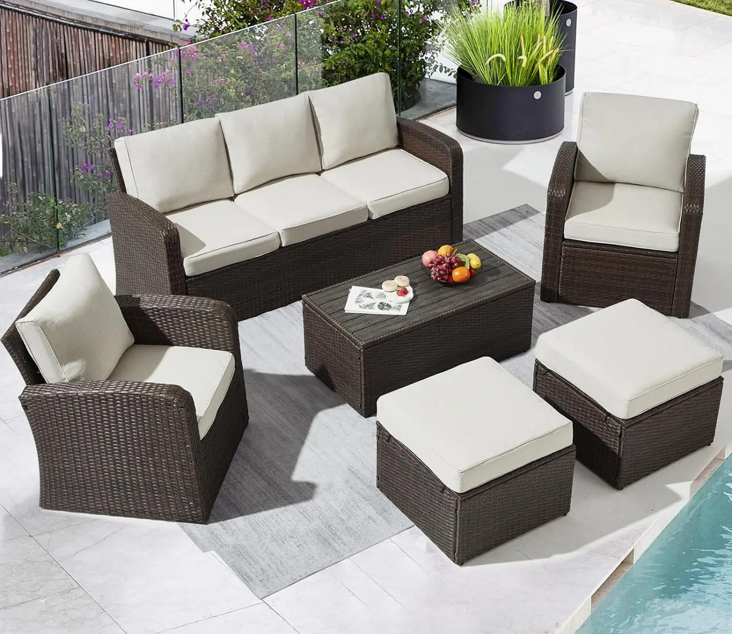 Mobília secional ao ar livre do pátio, conjuntos de conversas do sofá, sofá do Rattan com mesa, otomano para gramado, jardim, piscina, 6 pcs