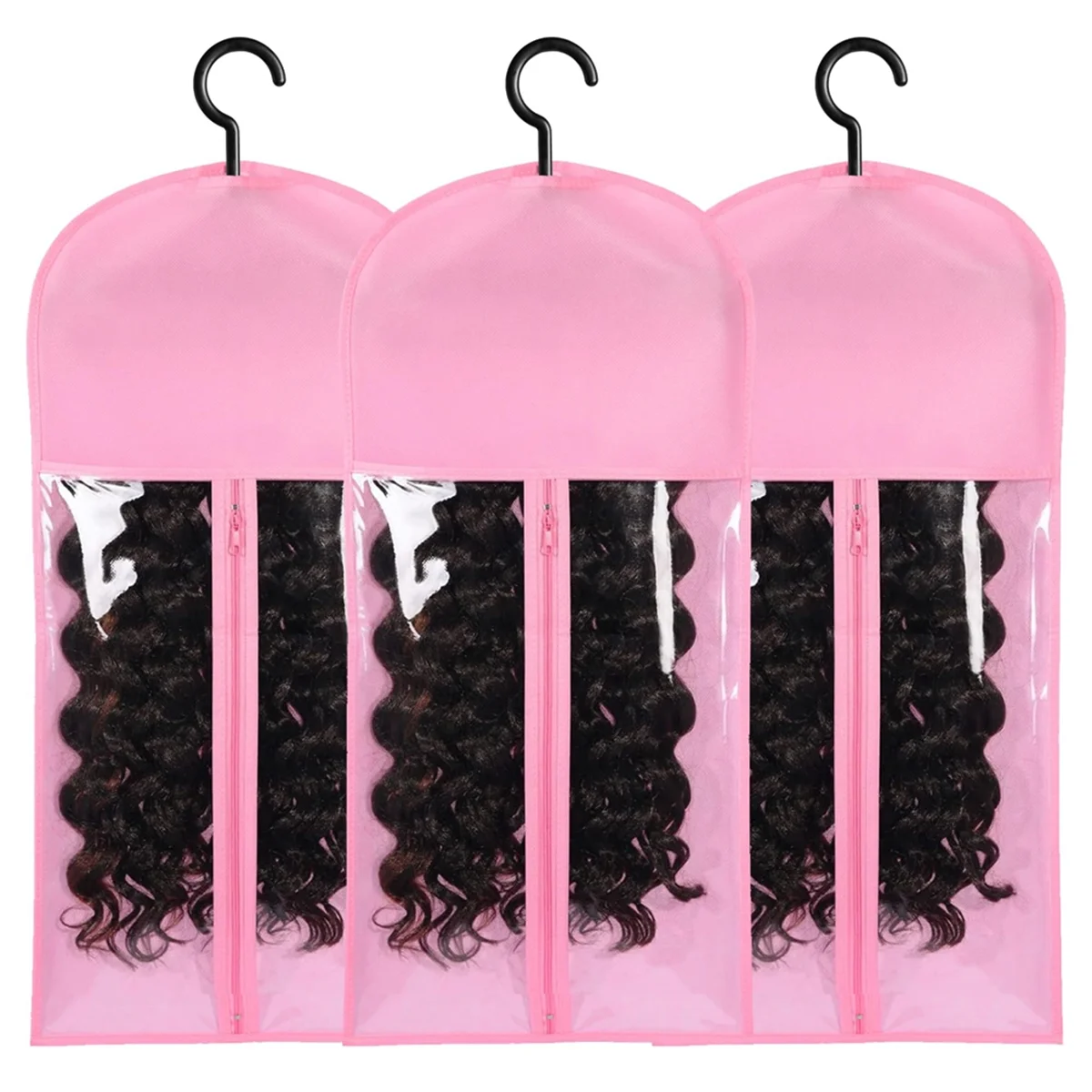 3PCS Hair Extension Holder Wig Storage for Multiple Wigs Holder Wig Bags with Hanger Hair Extension Storage Pink