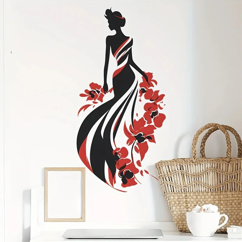 

MT1202# Vinyl Wall Sticker with Elegant Woman Silhouette and Red Floral Pattern, Self-Adhesive Decor for Bedroom, Living Room