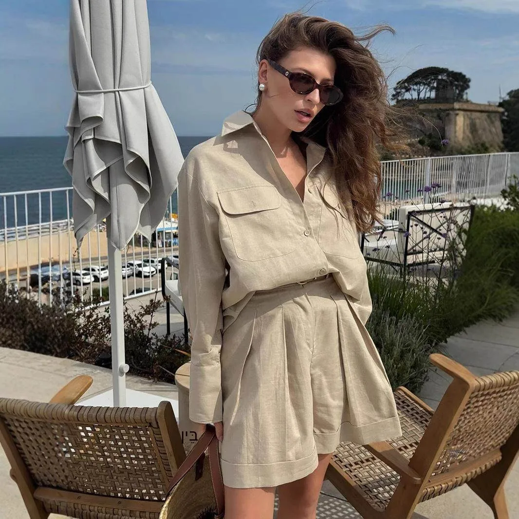 

Women's Pure Cotton Long Sleeve Shirt Shorts Set Casual Breathable Loose Fashionable Summer New Style Clothing Ensemble