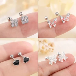 New Cute Pink Small Zircon Butterfly Screw Earrings For Women Girls Black Heart Cartilage Helix Tragus Ear Piercing Jewelry Gift
