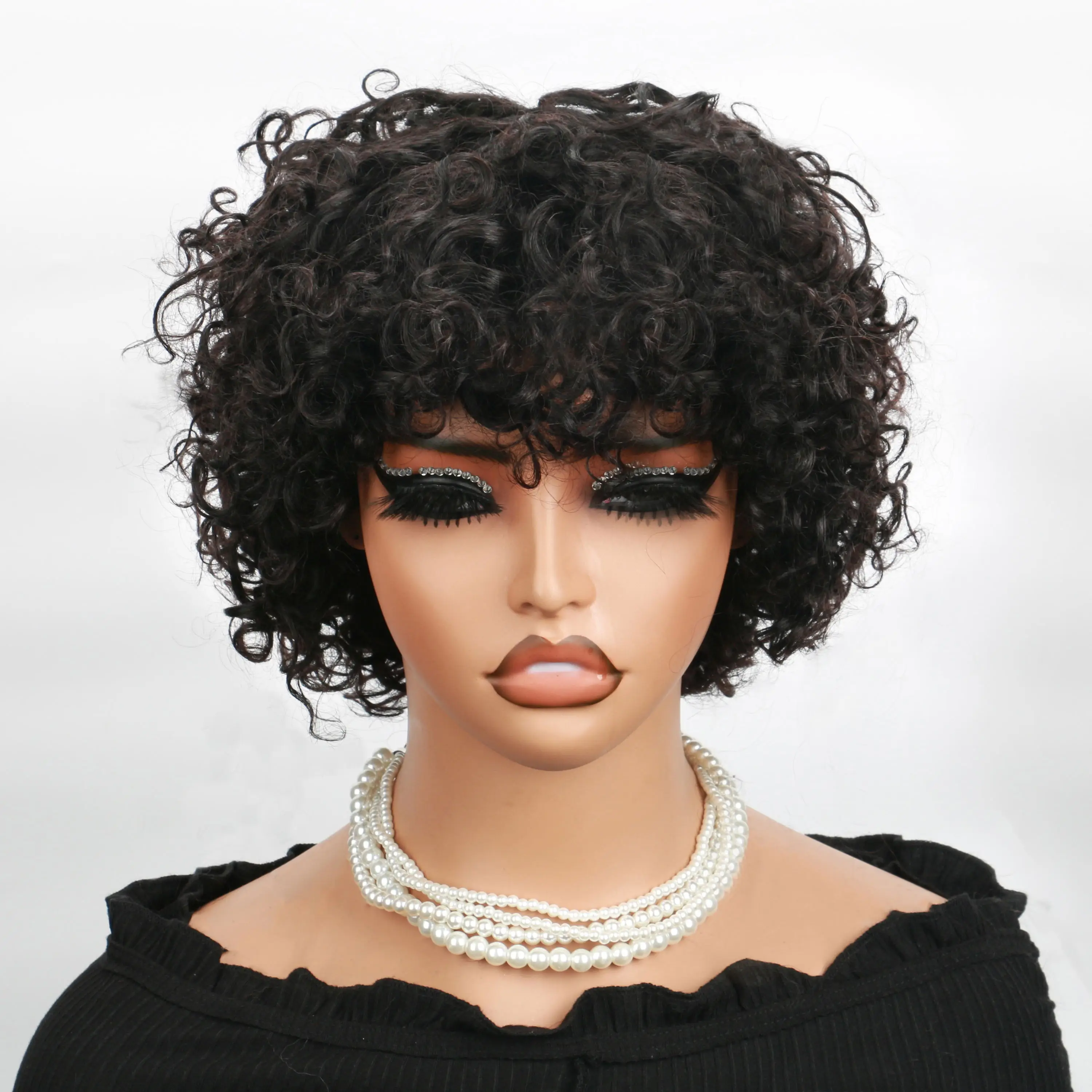 Pixie Cut Human Hair Wigs For Black Woman Rose Curly Glueless Wigs With Bangs Short Bouncy Curly Bob Wigs Nature Color