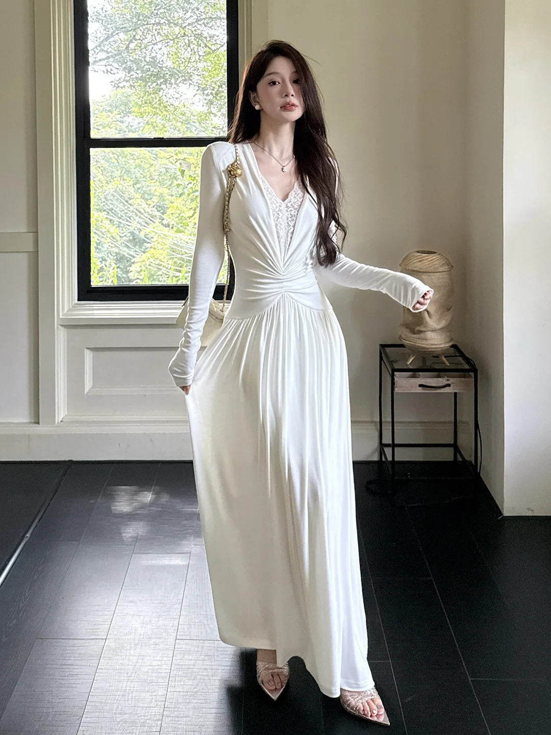 French Lace Panel Design Sheer White V-neck Dress Women's Elegant Slim-fit Ruched Long Dresses Autumn Party Evening Gown Robe