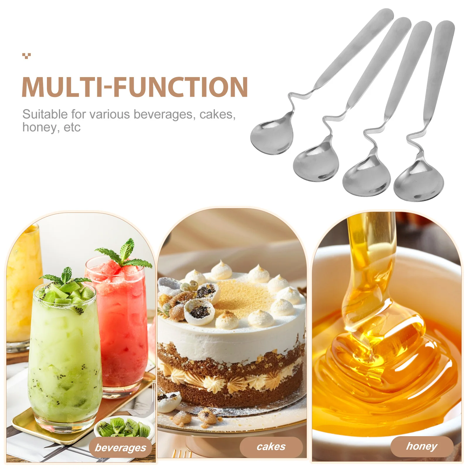 4Pcs Stainless Steel Honey Spoons Curving Handle Silver Fine Polishing for Various Drinks Cakes Mixology Comfortable Grip