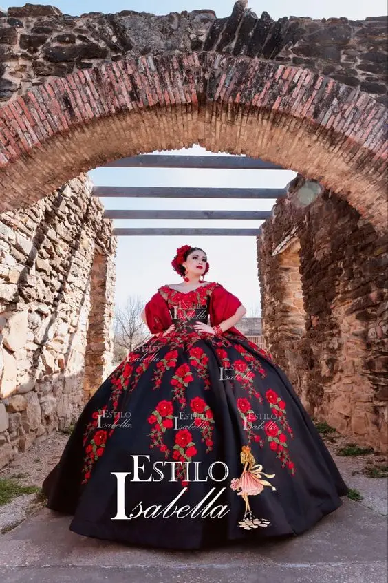 Vestido negro con rojo de Quinceanera Dresses Off Shoulder 3D Floral Embroidery Puffy Skirt Charro Mexicano Sweet 15 gown