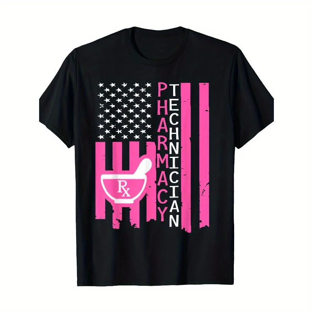 

Pharmacy Technician American Flag T-Shirt - Unisex 100% Cotton Casual Tee with "PHARMACIST" Graphic, Short Sleeve, Black & Pink