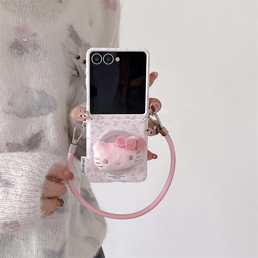 

Korean INS cute flower 3D plush Hellokitty with Magsafe stand phone case for Samsung Galaxy Z Flip 7 6 Flip 6 5 flip 5 7FE Funda