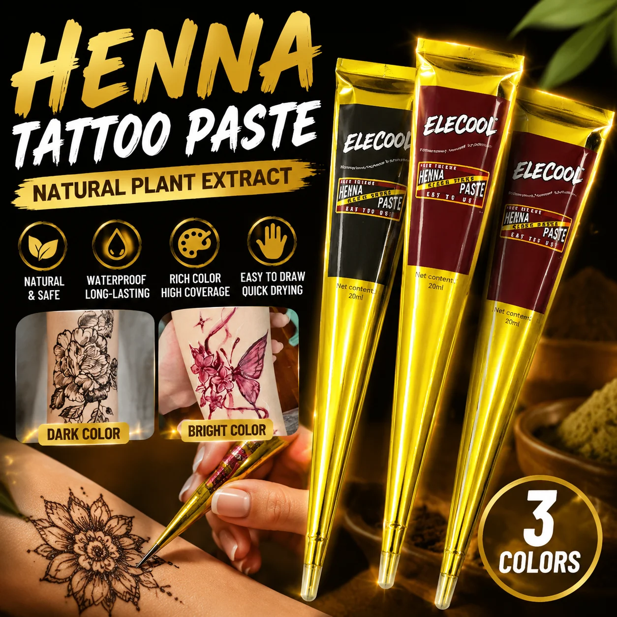 Temporary Henna Tattoo Paste Natural Safe Plant Based Tattoo Ink Waterproof Smudge-Proof Easy To Draw DIY Body Painting Henna