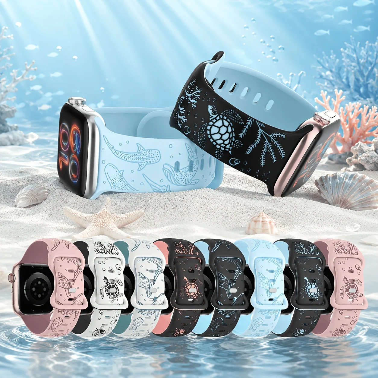 2 Stück Uhrenarmband im Ozean-Stil für Apple Watch 40/41/42/44/45/46/49 mm, weiches und bequemes Silikonarmband, für Serie 11 10 987 65