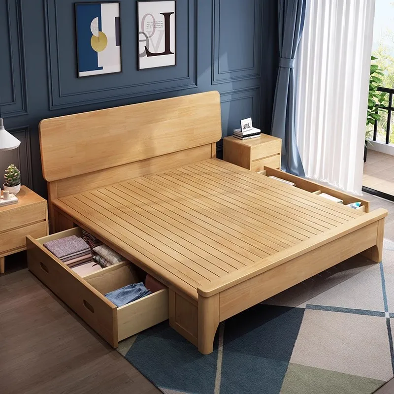 Lit simple en bois massif pour hôtel et appartement, lit en bois d'hévéa pour chambre économique