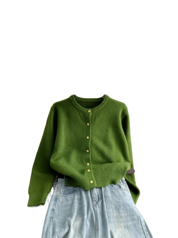

Зеленый свитер на золотых пуговицах в стиле ретро, элегантный вязаный кардиган с круглым вырезом, весна-осень, свободный повседневный универсальный женский свитер с длинными рукавами