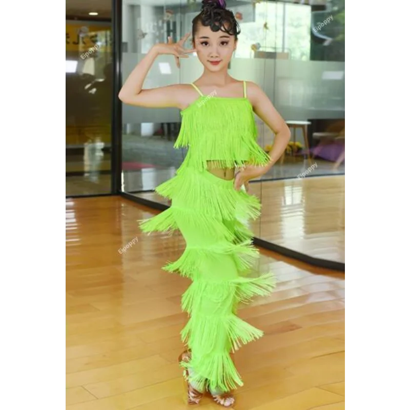 Latin Dance Dresses Ballroom Fringe Tassel Dress Pants Sequin Fringe Salsa Samba Costume Kids Children Girls Height