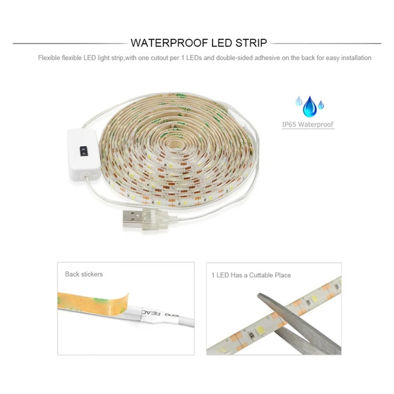 شريط ثلج LED للمطبخ مع مفتاح أبيض دافئ مقاوم للماء، سهل التركيب، سهل الاستخدام 5 أمتار