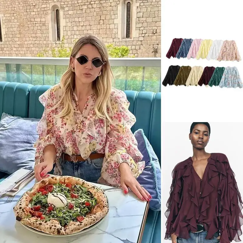 

Spring Collection Long Sve V-Ne Translucent irt Faionable Layered Decoration Loose Fit Princ Sve Women's irt