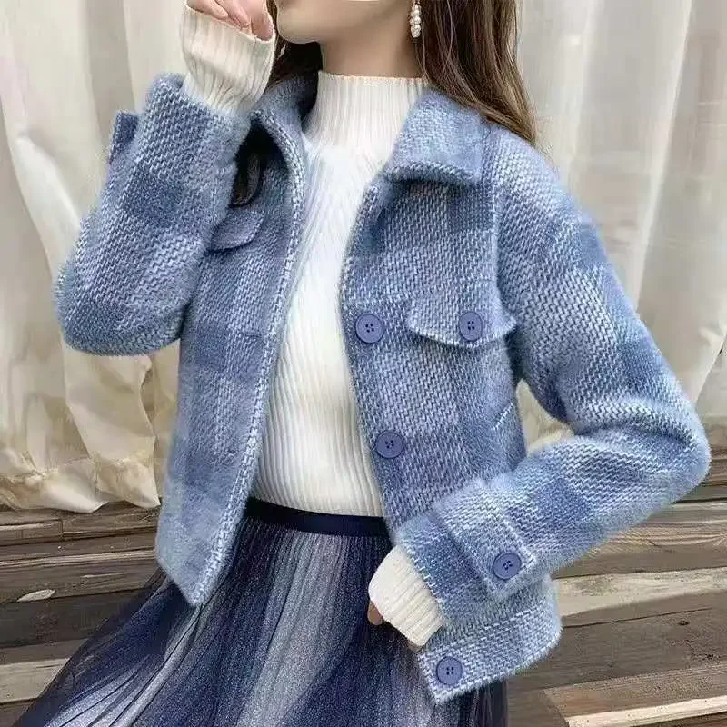 Winter Coat for Women 2024 Outerwear Fashion Plaid Tweed Jacket Woman Short Padded Very Warm Cold Heavy Clothing Cropped Clothes