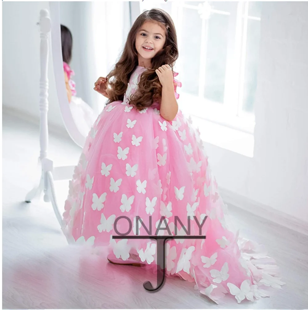 Lace Puffy Layers Pink Flower Girl Dresses Tulle Bow Kids Princess Dress Kids First Communion Dresses Birthday