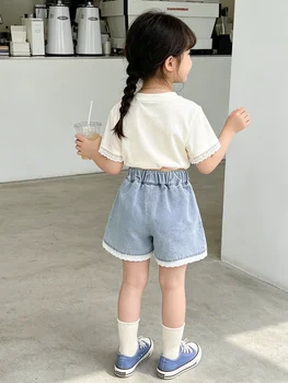 Girls Denim Lace-Trimmed Tiered Skirt 2 Girls' Denim Lace-Trimmed Multi-Layered Tiered Skirt 2