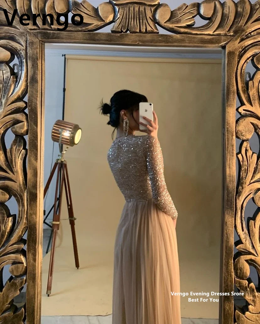 Verngo Gold Sequnined Prom Gowns High Neck Long Sleeves A Line Evening Dresses Wome 2024 Tulle A Line Formal Dress Customized