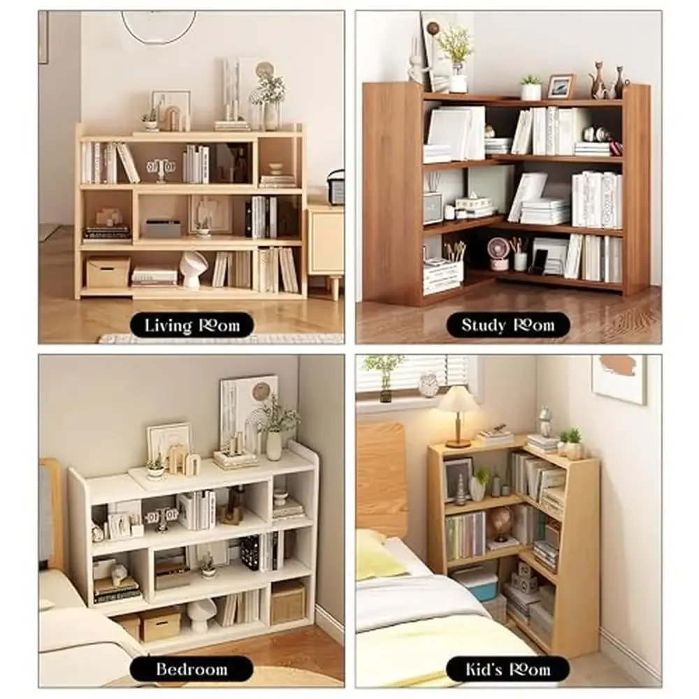 Expandable 4-Tier Wooden Bookshelf Bookcase Shelf Storage Solution Office Kitchen Living Bedroom Study Space Saving Durable