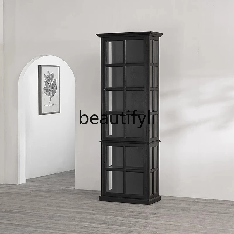 

European retro solid wood glass door high bookcase display cabinet, oak designer dining side storage cabinet