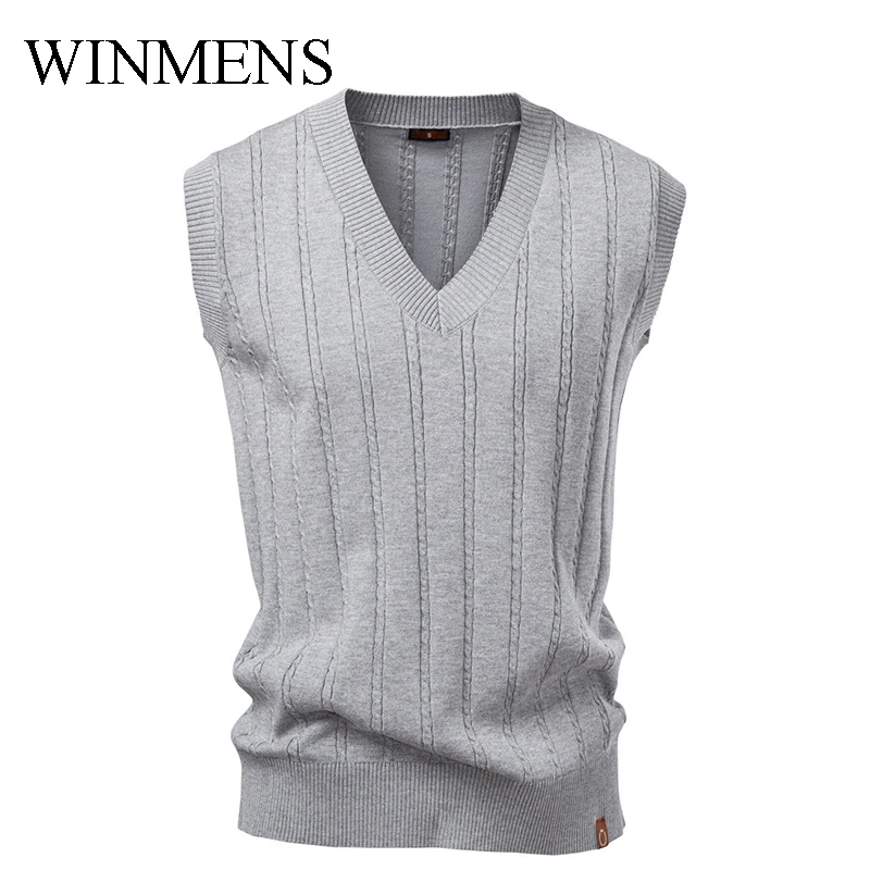 Мужской деловой повседневный свитер, жилет, однотонный молодежный пуловер без рукавов с v-образным вырезом, осенне-зимний вязаный жилет, серый трикотаж, жилет