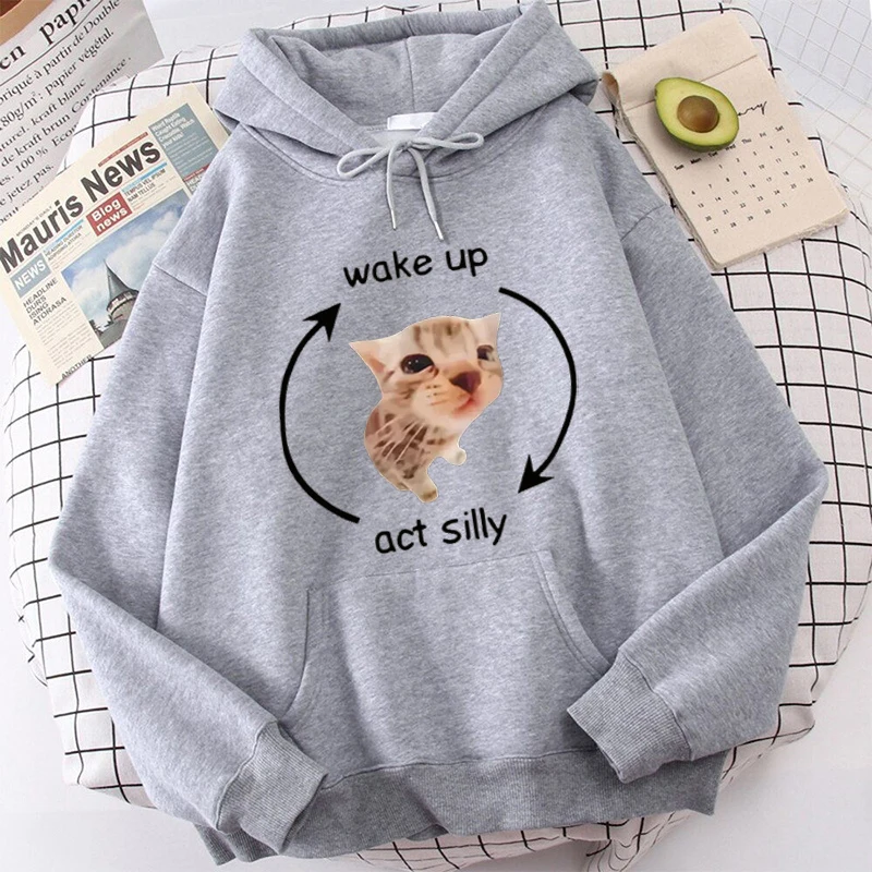 متعة الاستيقاظ Act سخيفة ميمي الجرافيك هوديي مضحك لطيف القط طباعة طويلة الأكمام البلوز الرجال النساء عادية المتضخم البلوز القمم