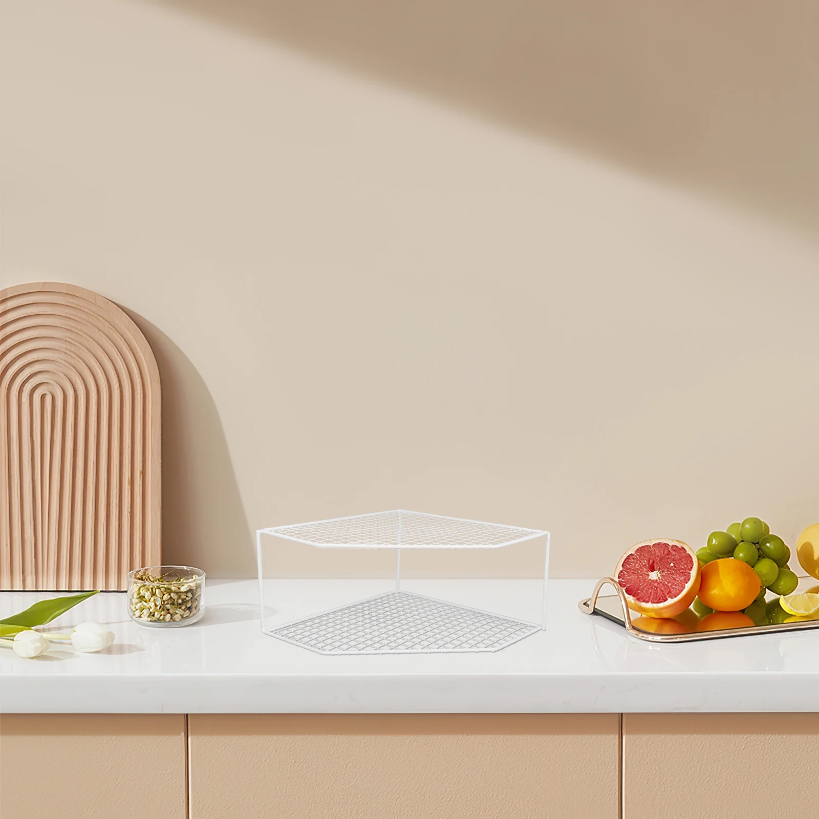 

Kitchen Pot Rack 12cm Height White Double Layer Mesh Pots Pans Storage Shelf Table Top Organizer Corner Stand Draining Rack
