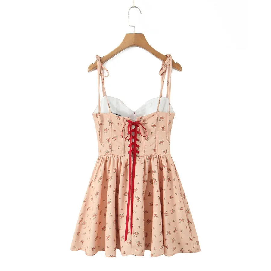 Letnia Moda Sexy Sukienka na Ramiączkach z Nadrukiem Damska Kwiatowa Wąska Mini Sukienka Wiązana na Plecach Bez Pleców Kokarda Krótka Koszula Coquette Słodkie Ubrania Y2k