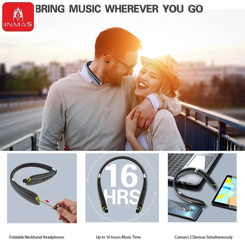 INMAS Wireless SX-991 Neckband Bluetooth Earphones Foldable Headphones TWS Hands-free Calling Earbuds Noise Cancelling Headsets