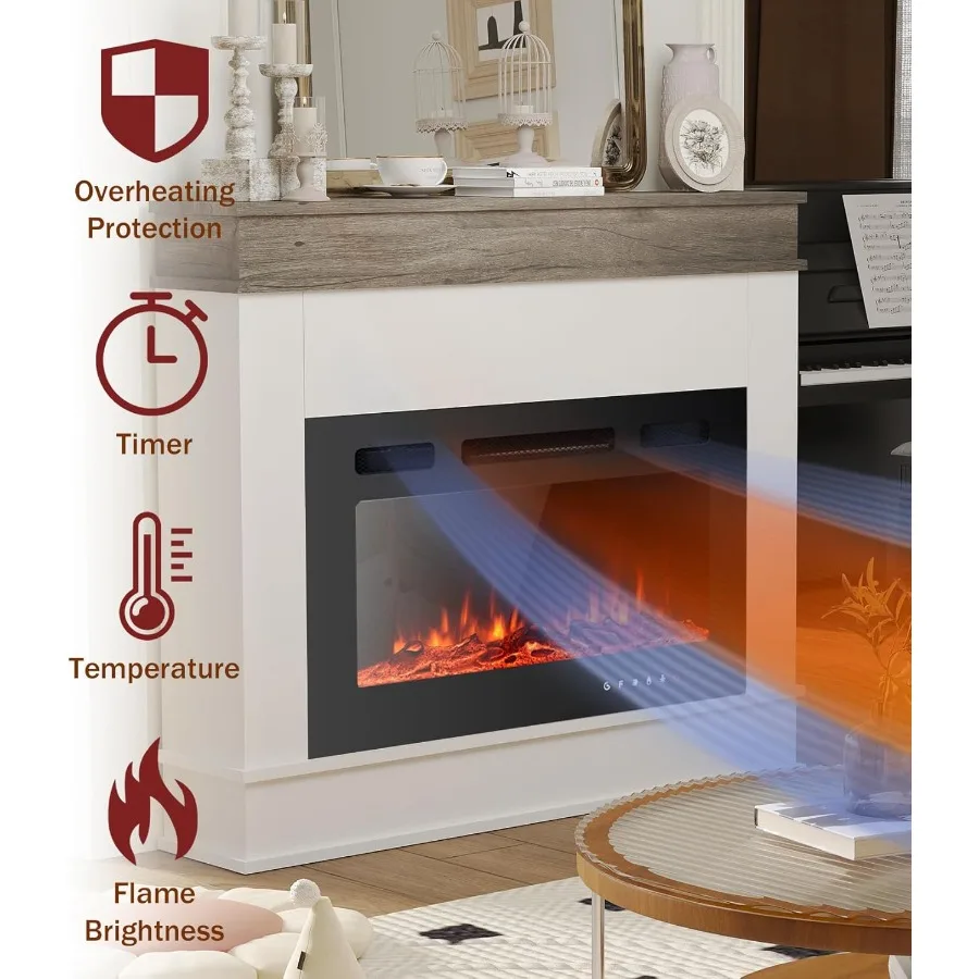 Electric Fireplace Insert for Living Room with 12 LED Colors White Freestanding Heater with Logset and Stones 1500W/750W 40inch