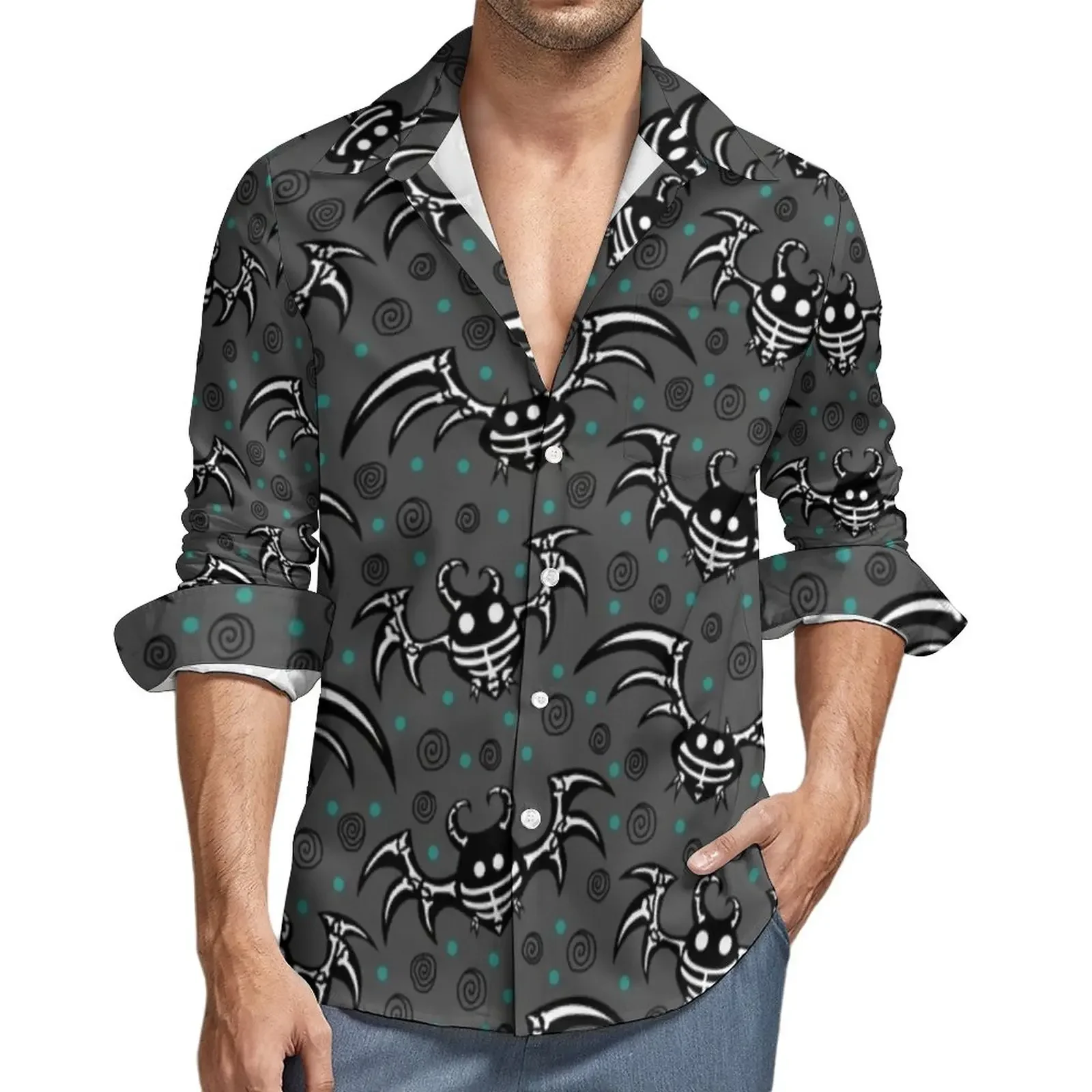 Retro branco morcegos impressão 3d camisa masculina engraçado animal lapela camisas casuais outono blusas gráficas manga longa roupas de grandes dimensões topos