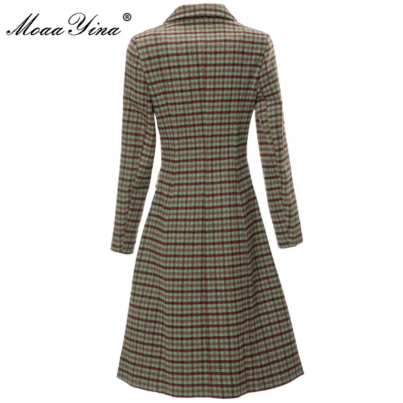 MoaaYina Fashion Designer Summer Women's Double Breasted Beading Plaid Long Sleeve Woollen Cloth Hot Drill Overcoat