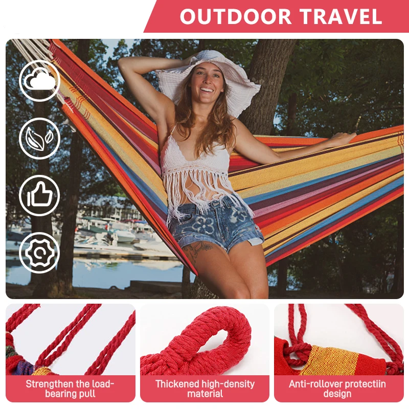 Blue Red 2 People Outdoor Canvas Camping Hammock Bend Wood Stick Steady Hamak Garden Park Swing Hanging Chair Hangmat 250*150cm