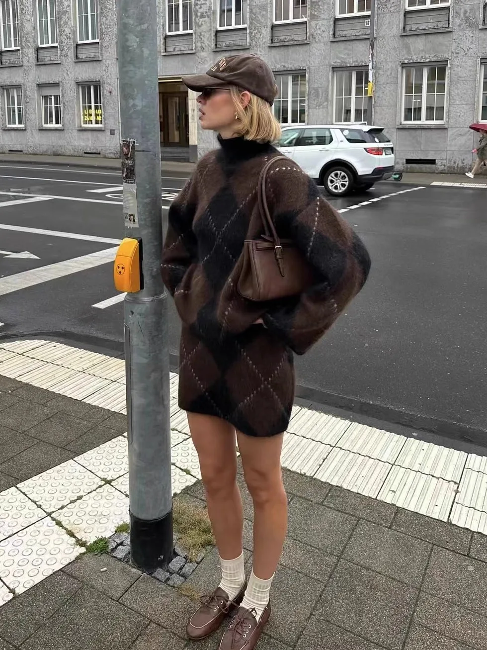 Fall Winter High Collar Knitted Sweater And  Skirt Set Bloggers Lazy Versatile Diamond Pattern Loose Fit Warm Thermal