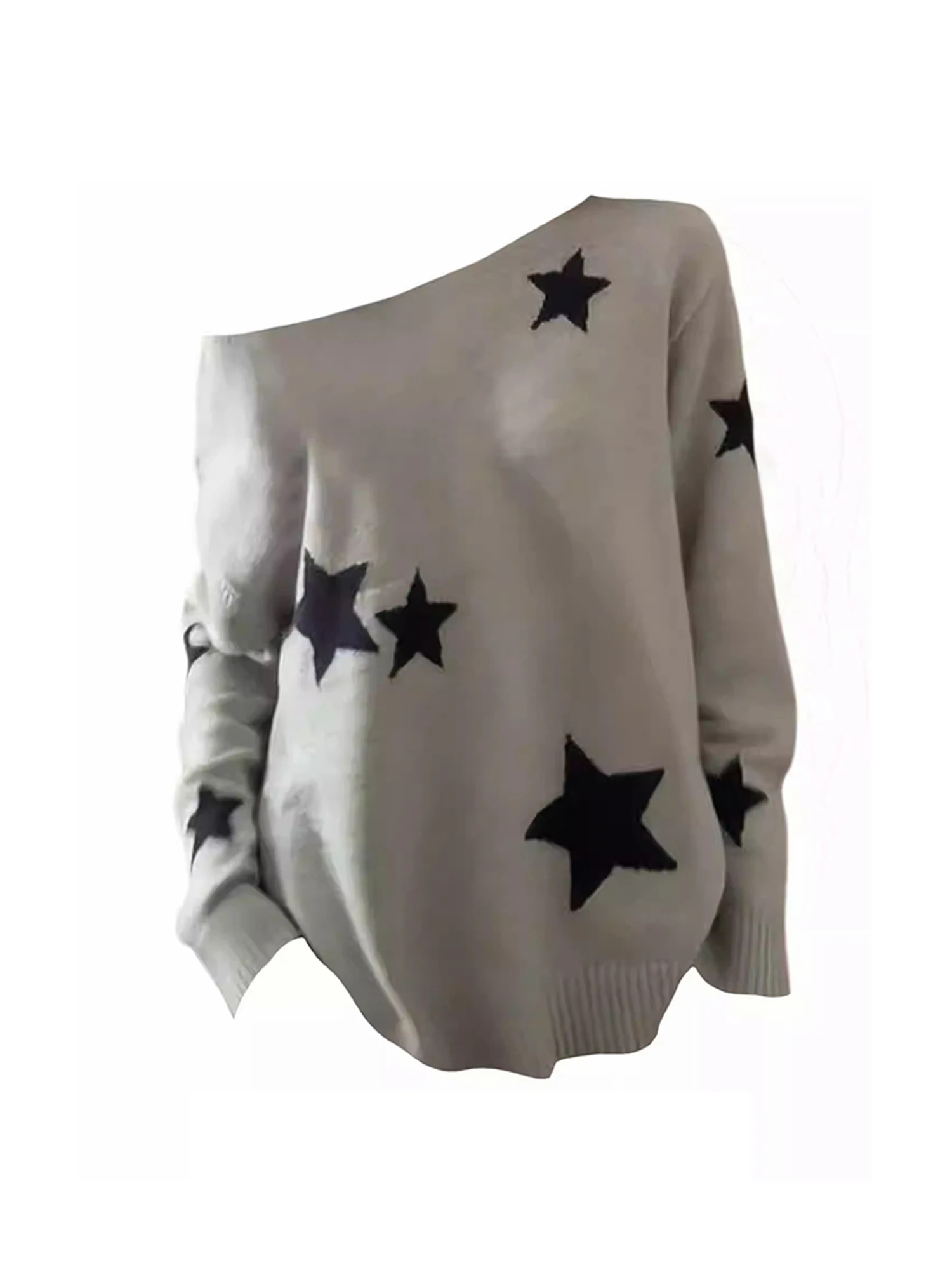 

Women's Grey Pullover Sweater Vintage 2000s Y2k Star Jumper Top Dropped Shoulders Knitwear Long Sleeves Cashmere Sweater Autumn