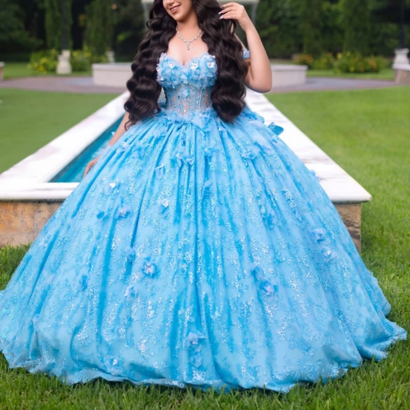

Blue Shiny Quinceanera Dresses Off The Shoulder Applique Flower Beads Bow Corset Party Birthday Sweet 16 Dress Vestidos 15 Anos