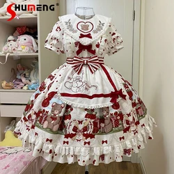 Japanese Sweet Girl Lolita Dress Embroidered Bow Round Neck Puff Sleeve High Waist Slim Fit A-line Cute Print Short Dress Women