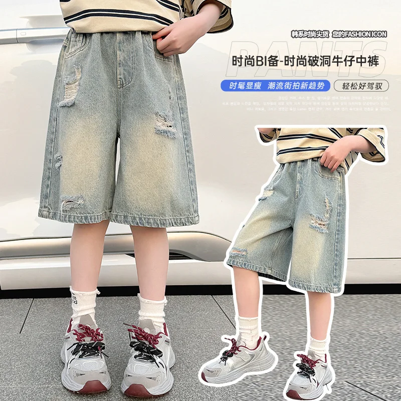 

Kids New Teenage Child Fashion Shorts Pants 4-14Y Summer Denim Shorts For Teen Girls Casual Knee-Length Jeans with Hole Elegant