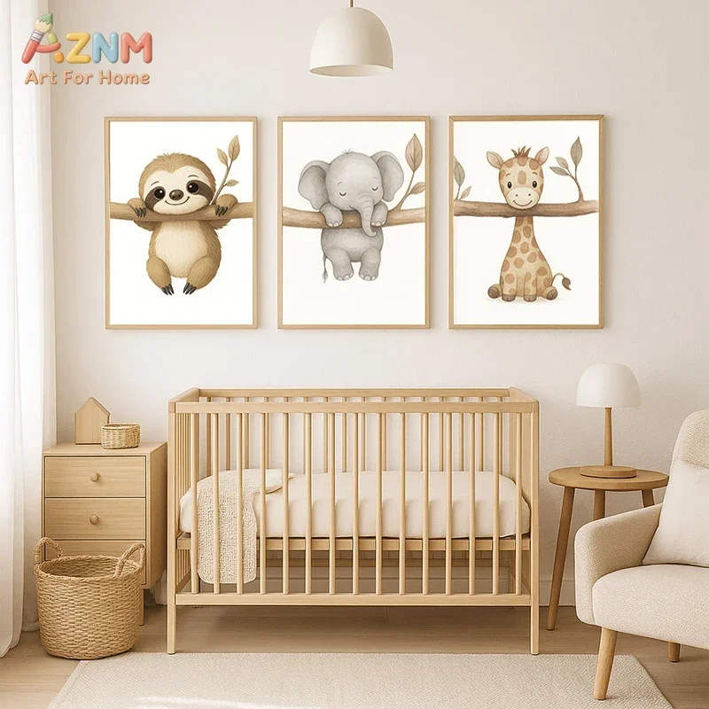 AZNM Neutral Watercolor Baby Animal Canvas Wall Art Cute Sloth Elephant Giraffe Hanging On Branch Print Boho Soft Tone Nursery K