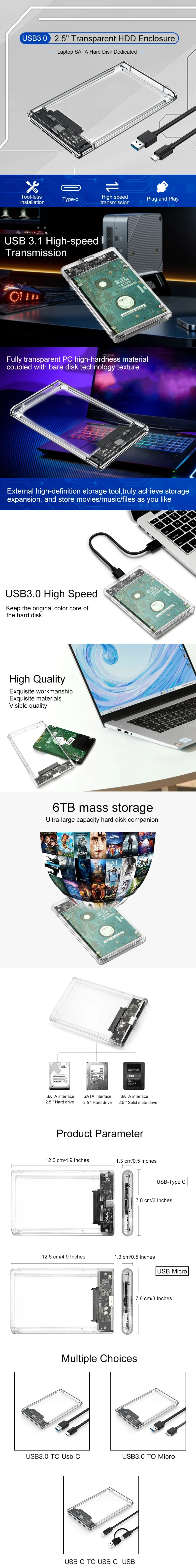 Transparentes 2,5-Zoll-SATA-Festplattengehäuse, USB3.0/3.1 5Gbps Hochgeschwindigkeits-tragbares externes HDD-SSD-Speichergehäuse – Detail 1