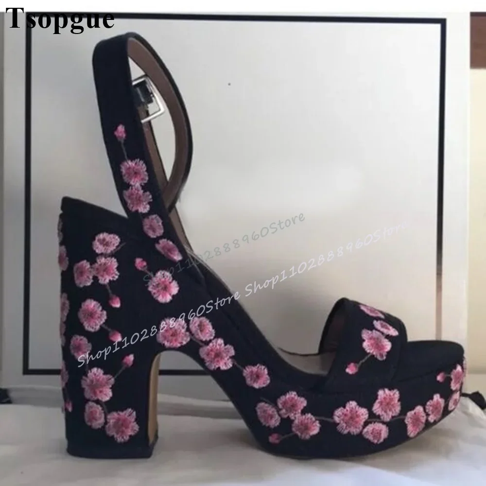 

Black Embroider Flower Platform Sandals Chunky High Heel Women Shoes Ankle Buckle Strap Open Toe 2025 Sexy Zapatos Para Mujere