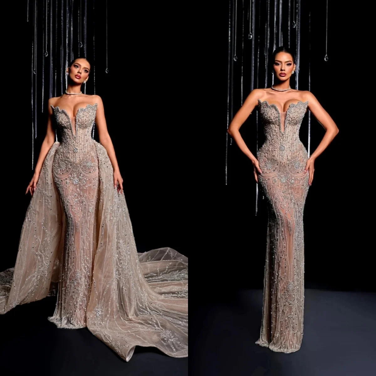 

Sexy Strapless Sequined Mermaid Evening Gown Sleeveless Crystal Prom Dress Detachable Train Party Gown Customized