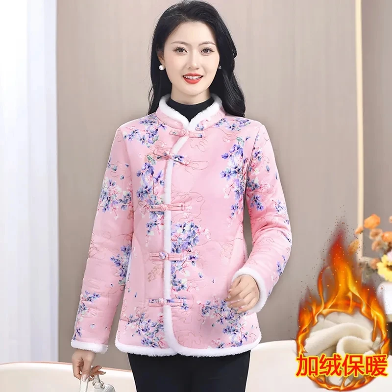 New Chinese Style Winter Plush Jacket Women Retro Ethnic Large Size Printed Plate Stand Collar Fleece Cotton Coat Outwear 5XL