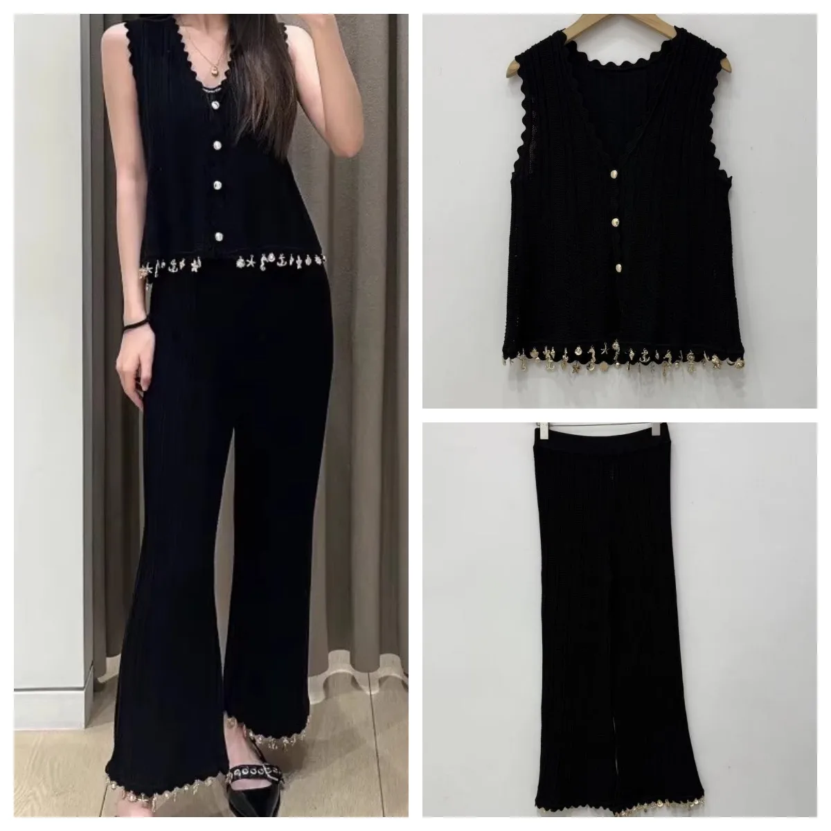 

French Style 2026 Summer Ocean Element Knit Set V Neck Sleeveless Top + Metal Fringe Casual Pants