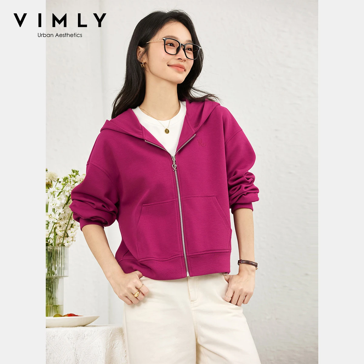 VIMLY Hooded Jacket Woman Sporty Long Sleeve Loose Coats Women's Autumn 2025 Zipper Long Sleeve Embroidered Female Jacket A2056
