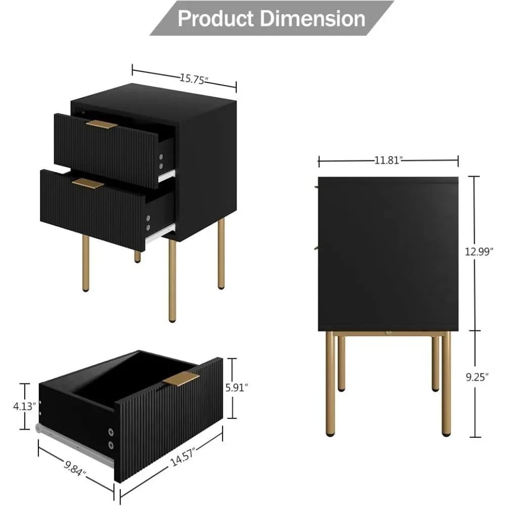 Mesita de noche con 2 cajones para dormitorio, mesa lateral pequeña con 2 cajones, mesa final con marco dorado para dormitorio, raya negra