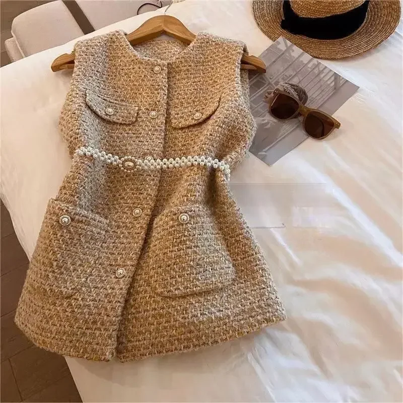 Small Fragrant with Belt Vest Female Autumn 2025 New Ladies Temperament Waistcoats  Sleeveless Jacket Women Tops